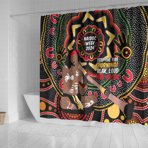 Australia Didgeridoo NAIDOC Week 2024 Shower Curtain Keep The Fire Burning Blak Loud and Proud