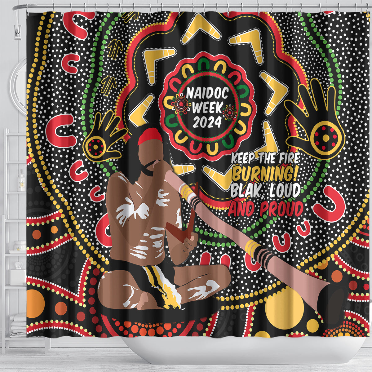 Australia Didgeridoo NAIDOC Week 2024 Shower Curtain Keep The Fire Burning Blak Loud and Proud