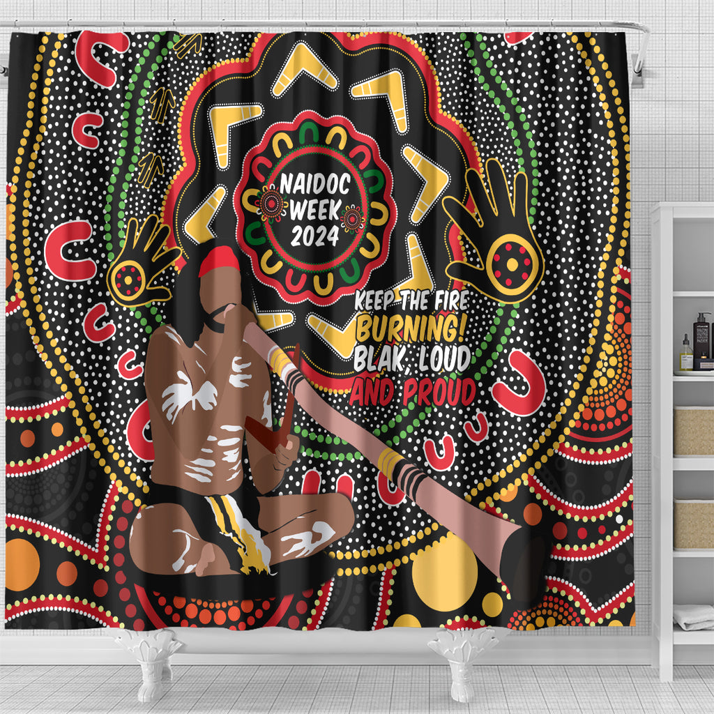 Australia Didgeridoo NAIDOC Week 2024 Shower Curtain Keep The Fire Burning Blak Loud and Proud