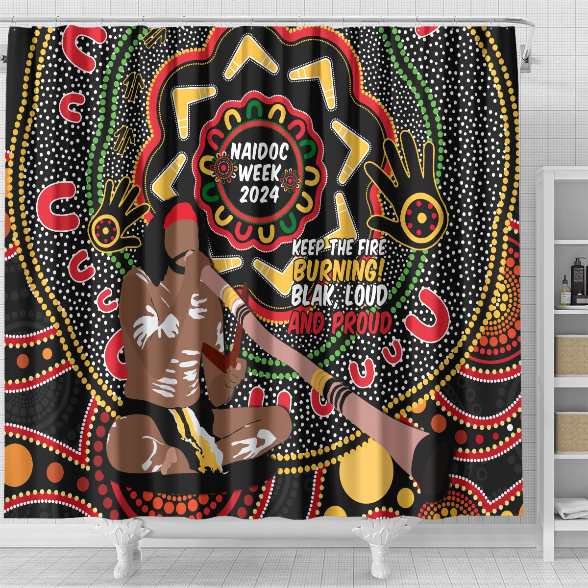 Australia Didgeridoo NAIDOC Week 2024 Shower Curtain Keep The Fire Burning Blak Loud and Proud