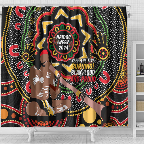 Australia Didgeridoo NAIDOC Week 2024 Shower Curtain Keep The Fire Burning Blak Loud and Proud