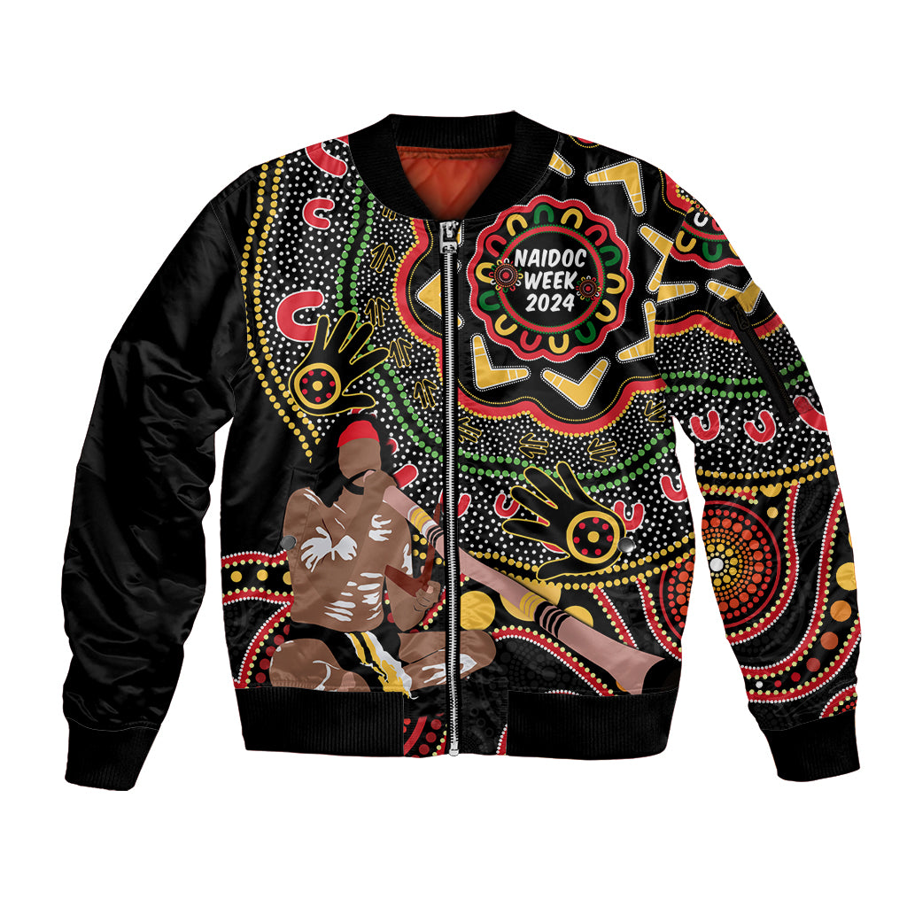 Australia Didgeridoo NAIDOC Week 2024 Sleeve Zip Bomber Jacket Keep The Fire Burning Blak Loud and Proud
