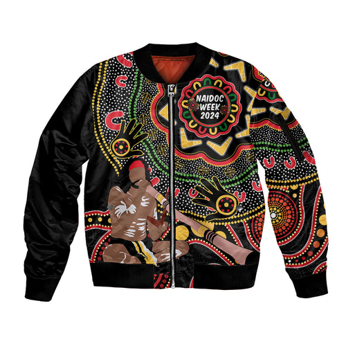 Australia Didgeridoo NAIDOC Week 2024 Sleeve Zip Bomber Jacket Keep The Fire Burning Blak Loud and Proud