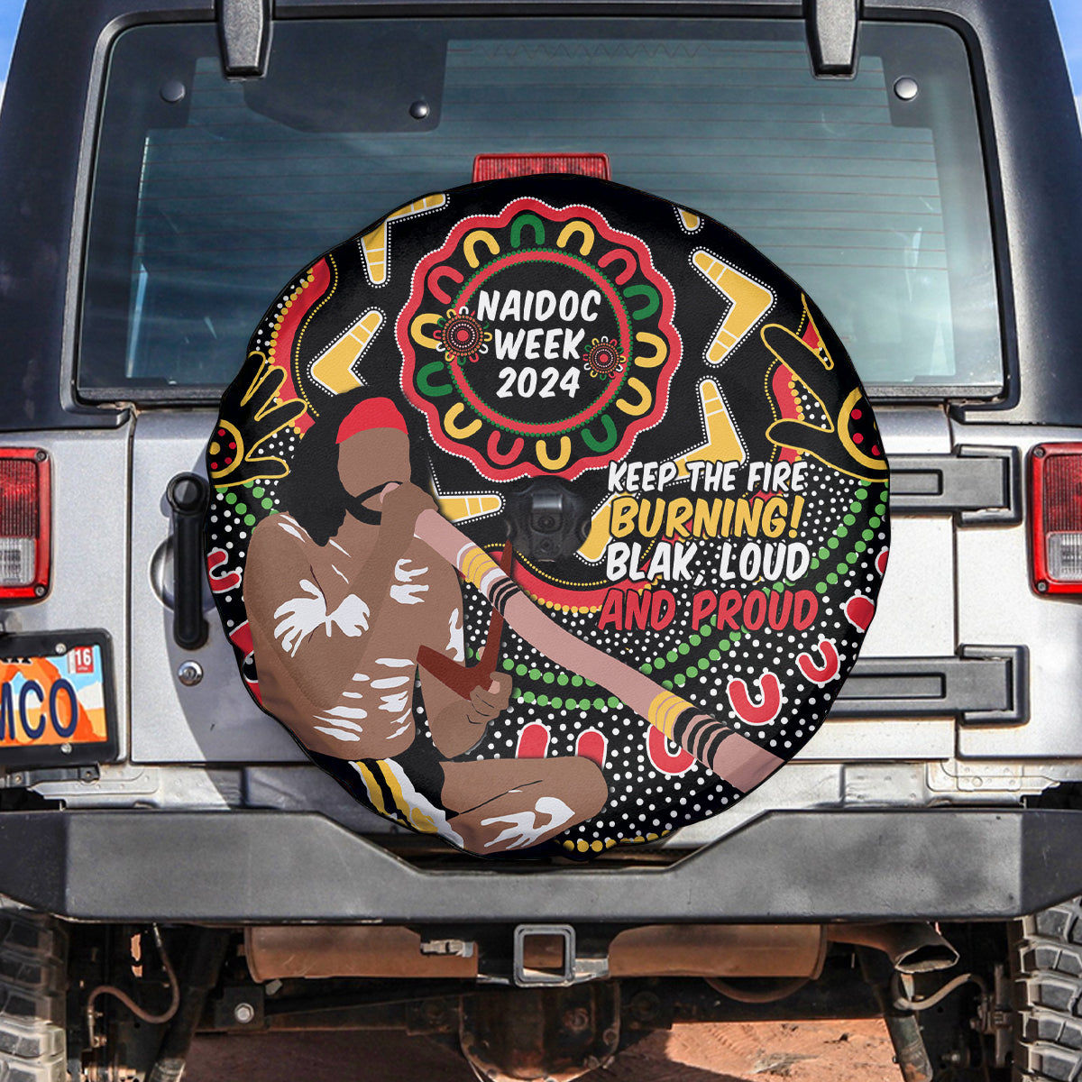 Australia Didgeridoo NAIDOC Week 2024 Spare Tire Cover Keep The Fire Burning Blak Loud and Proud