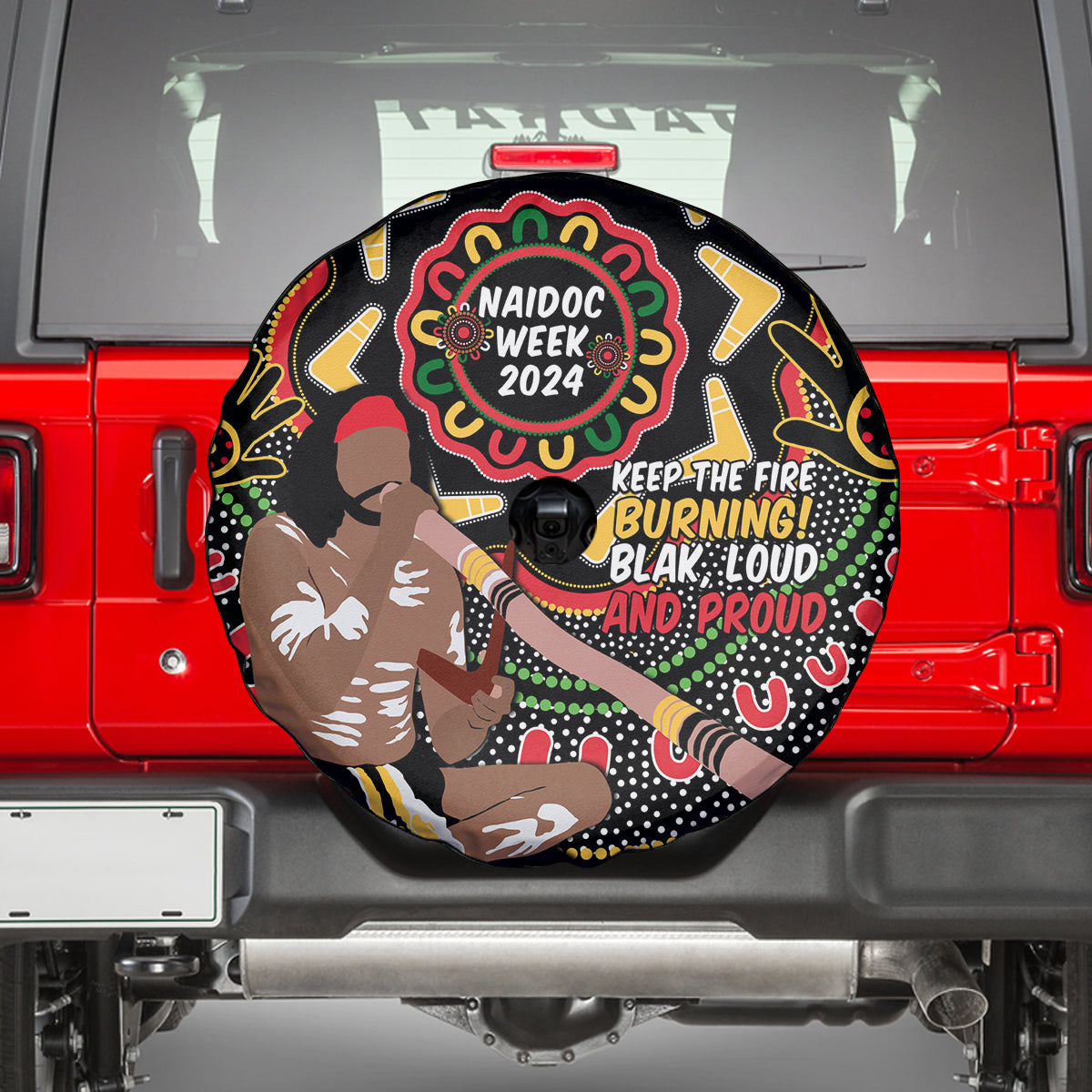 Australia Didgeridoo NAIDOC Week 2024 Spare Tire Cover Keep The Fire Burning Blak Loud and Proud