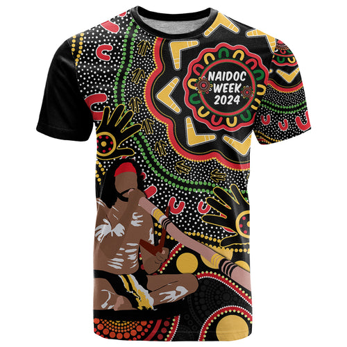 Australia Didgeridoo NAIDOC Week 2024 T Shirt Keep The Fire Burning Blak Loud and Proud