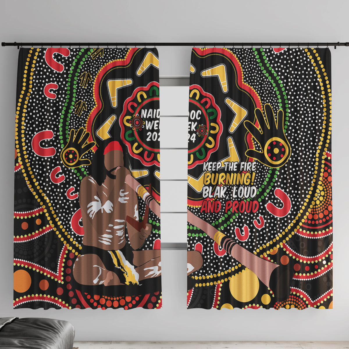 Australia Didgeridoo NAIDOC Week 2024 Window Curtain Keep The Fire Burning Blak Loud and Proud