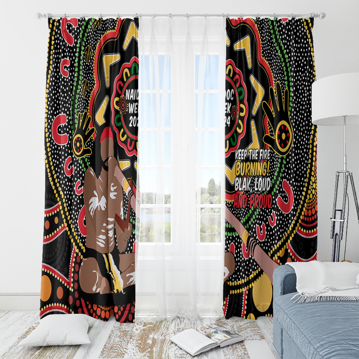 Australia Didgeridoo NAIDOC Week 2024 Window Curtain Keep The Fire Burning Blak Loud and Proud