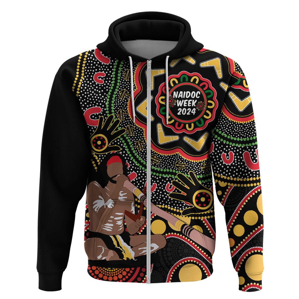 Australia Didgeridoo NAIDOC Week 2024 Zip Hoodie Keep The Fire Burning Blak Loud and Proud