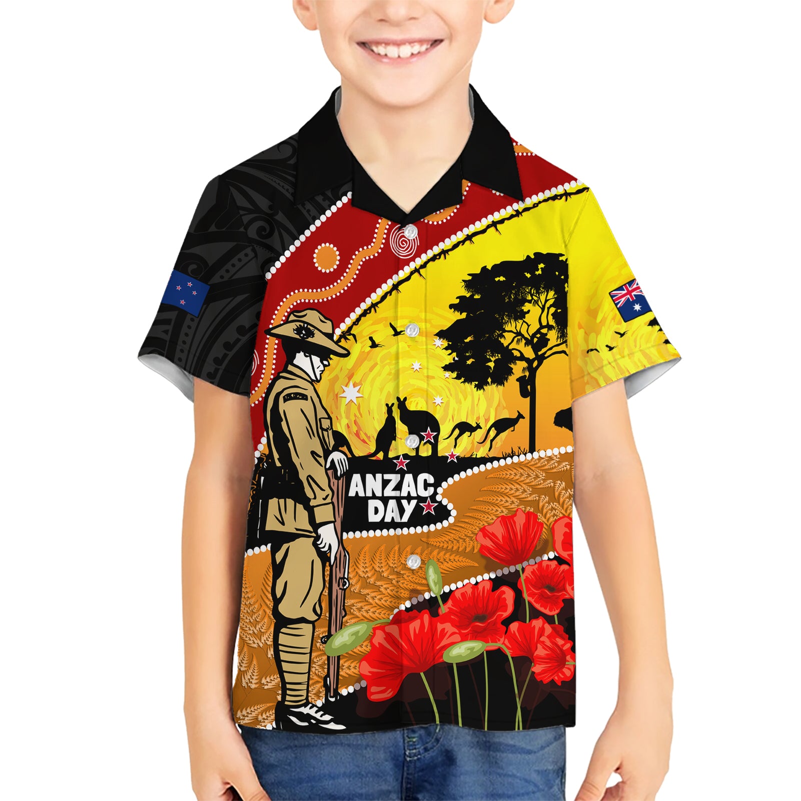 New Zealand And Australia ANZAC Day Kid Hawaiian Shirt Aboriginal Maori Starring Night Style