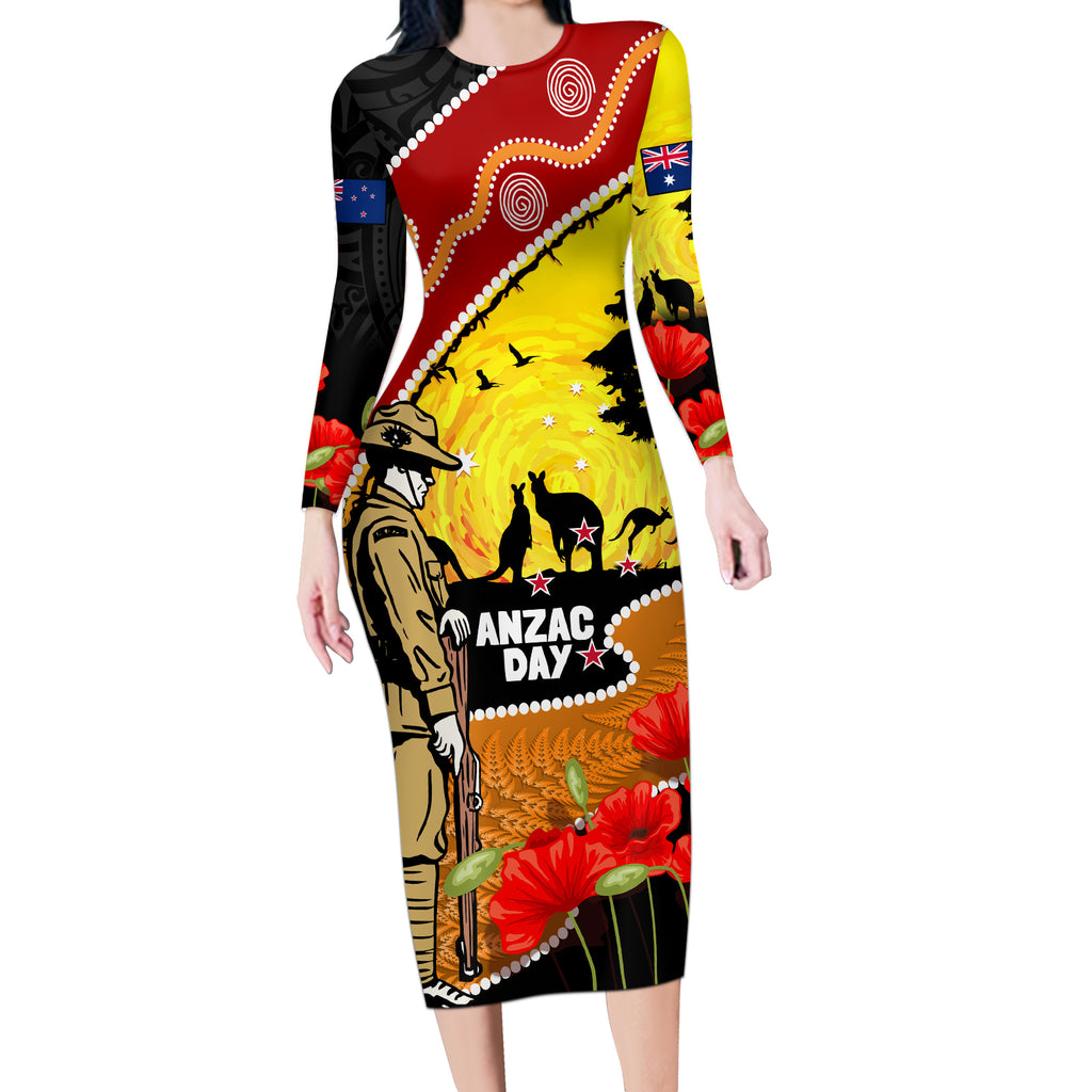 New Zealand And Australia ANZAC Day Long Sleeve Bodycon Dress Aboriginal Maori Starring Night Style