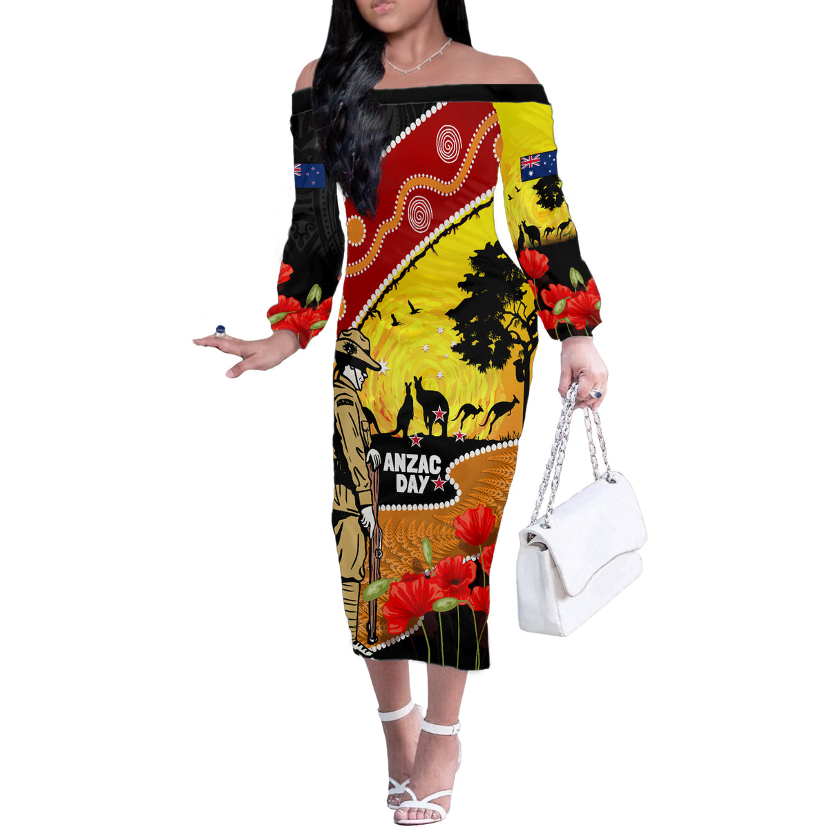 New Zealand And Australia ANZAC Day Off The Shoulder Long Sleeve Dress Aboriginal Maori Starring Night Style