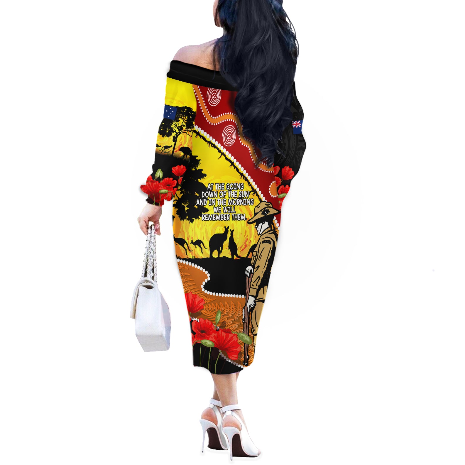 New Zealand And Australia ANZAC Day Off The Shoulder Long Sleeve Dress Aboriginal Maori Starring Night Style
