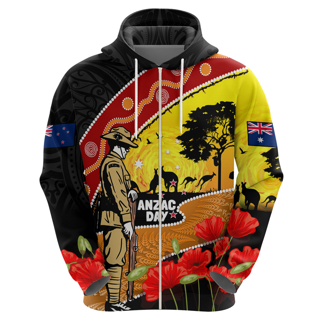New Zealand And Australia ANZAC Day Zip Hoodie Aboriginal Maori Starring Night Style
