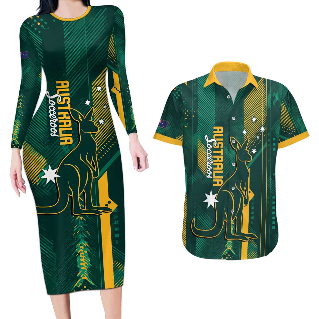 Australia Socceroos 2026 Custom Couples Matching Long Sleeve Bodycon Dress and Hawaiian Shirt Go Aussie Kangaroo National Color