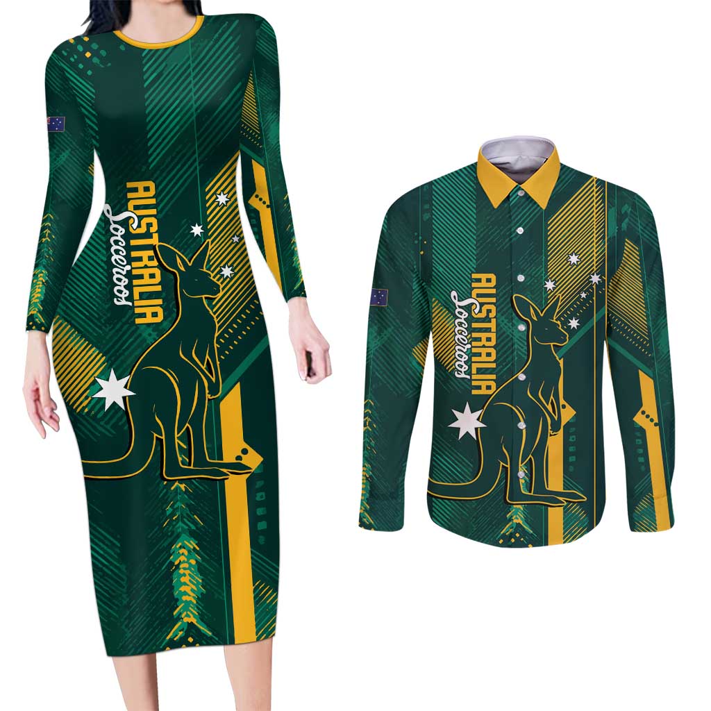 Australia Socceroos 2026 Custom Couples Matching Long Sleeve Bodycon Dress and Long Sleeve Button Shirt Go Aussie Kangaroo National Color