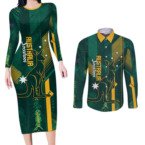 Australia Socceroos 2026 Custom Couples Matching Long Sleeve Bodycon Dress and Long Sleeve Button Shirt Go Aussie Kangaroo National Color