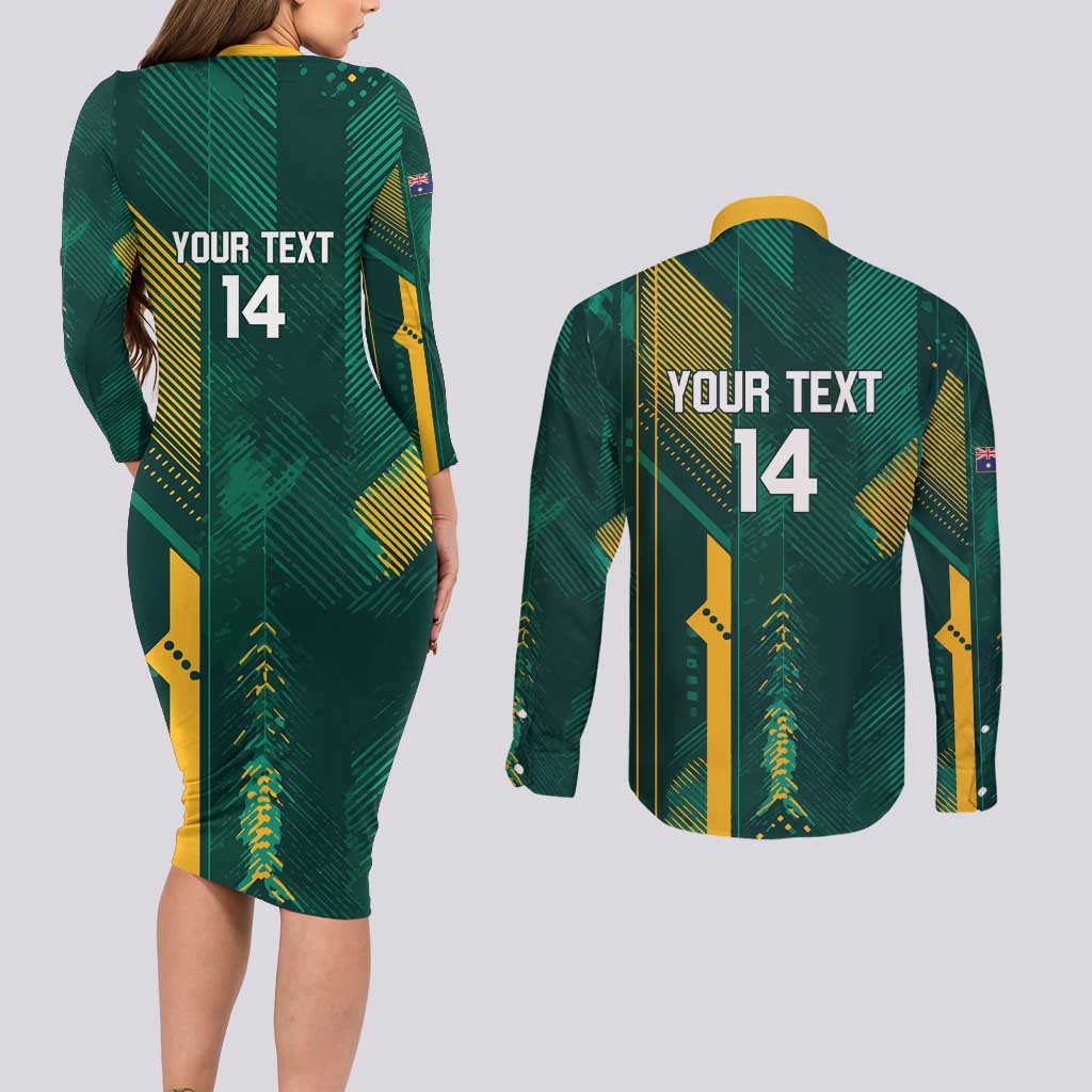 Australia Socceroos 2026 Custom Couples Matching Long Sleeve Bodycon Dress and Long Sleeve Button Shirt Go Aussie Kangaroo National Color