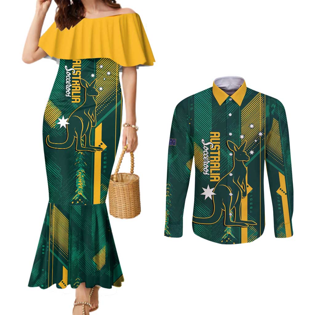 Australia Socceroos 2026 Custom Couples Matching Mermaid Dress and Long Sleeve Button Shirt Go Aussie Kangaroo National Color