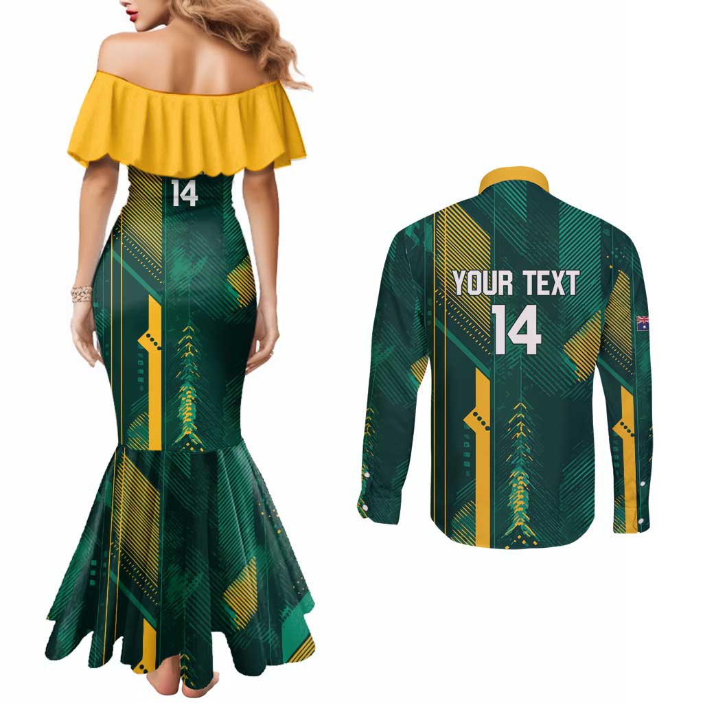Australia Socceroos 2026 Custom Couples Matching Mermaid Dress and Long Sleeve Button Shirt Go Aussie Kangaroo National Color