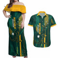 Australia Socceroos 2026 Custom Couples Matching Off Shoulder Maxi Dress and Hawaiian Shirt Go Aussie Kangaroo National Color