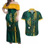 Australia Socceroos 2026 Custom Couples Matching Off Shoulder Maxi Dress and Hawaiian Shirt Go Aussie Kangaroo National Color