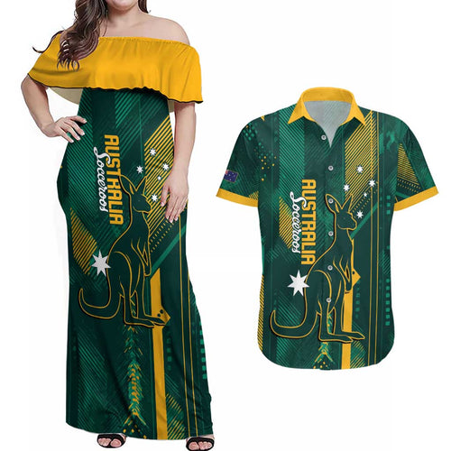 Australia Socceroos 2026 Custom Couples Matching Off Shoulder Maxi Dress and Hawaiian Shirt Go Aussie Kangaroo National Color