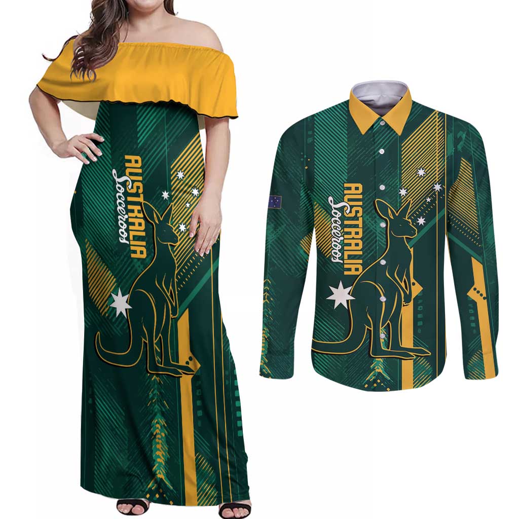 Australia Socceroos 2026 Custom Couples Matching Off Shoulder Maxi Dress and Long Sleeve Button Shirt Go Aussie Kangaroo National Color