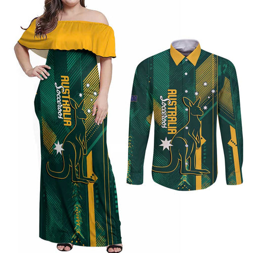 Australia Socceroos 2026 Custom Couples Matching Off Shoulder Maxi Dress and Long Sleeve Button Shirt Go Aussie Kangaroo National Color