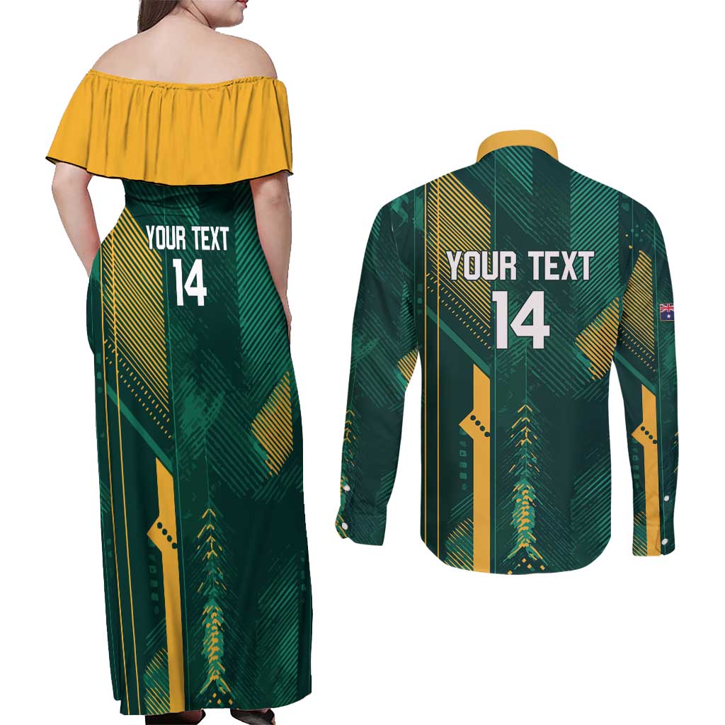 Australia Socceroos 2026 Custom Couples Matching Off Shoulder Maxi Dress and Long Sleeve Button Shirt Go Aussie Kangaroo National Color