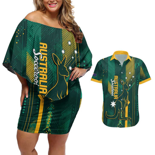 Australia Socceroos 2026 Custom Couples Matching Off Shoulder Short Dress and Hawaiian Shirt Go Aussie Kangaroo National Color