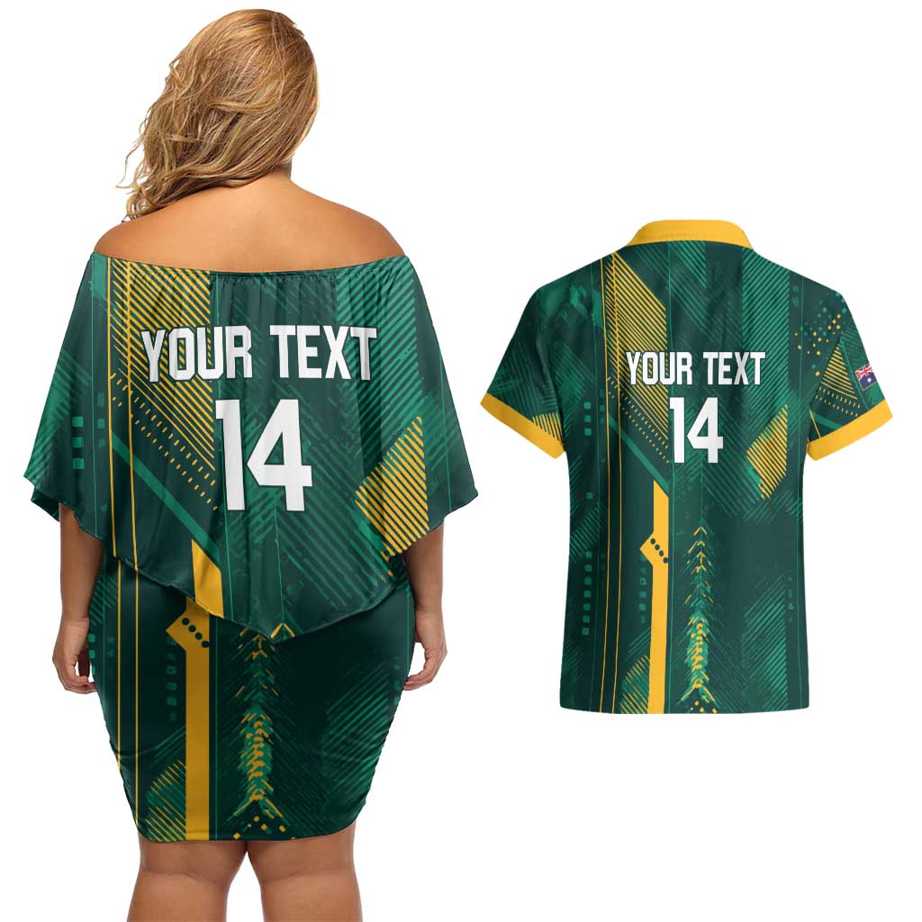 Australia Socceroos 2026 Custom Couples Matching Off Shoulder Short Dress and Hawaiian Shirt Go Aussie Kangaroo National Color