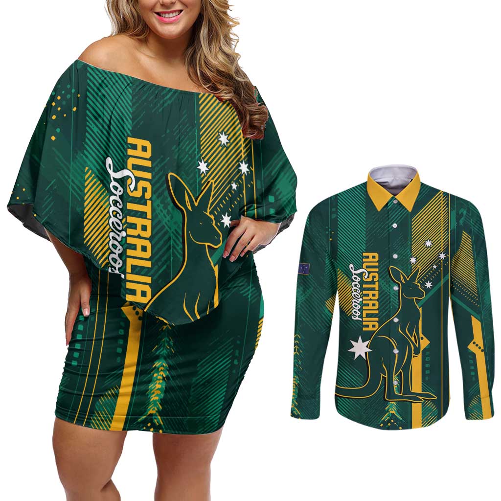 Australia Socceroos 2026 Custom Couples Matching Off Shoulder Short Dress and Long Sleeve Button Shirt Go Aussie Kangaroo National Color
