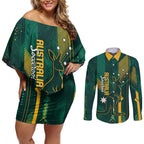 Australia Socceroos 2026 Custom Couples Matching Off Shoulder Short Dress and Long Sleeve Button Shirt Go Aussie Kangaroo National Color