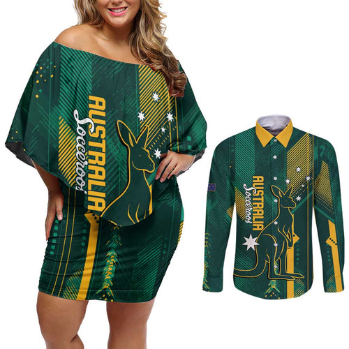 Australia Socceroos 2026 Custom Couples Matching Off Shoulder Short Dress and Long Sleeve Button Shirt Go Aussie Kangaroo National Color