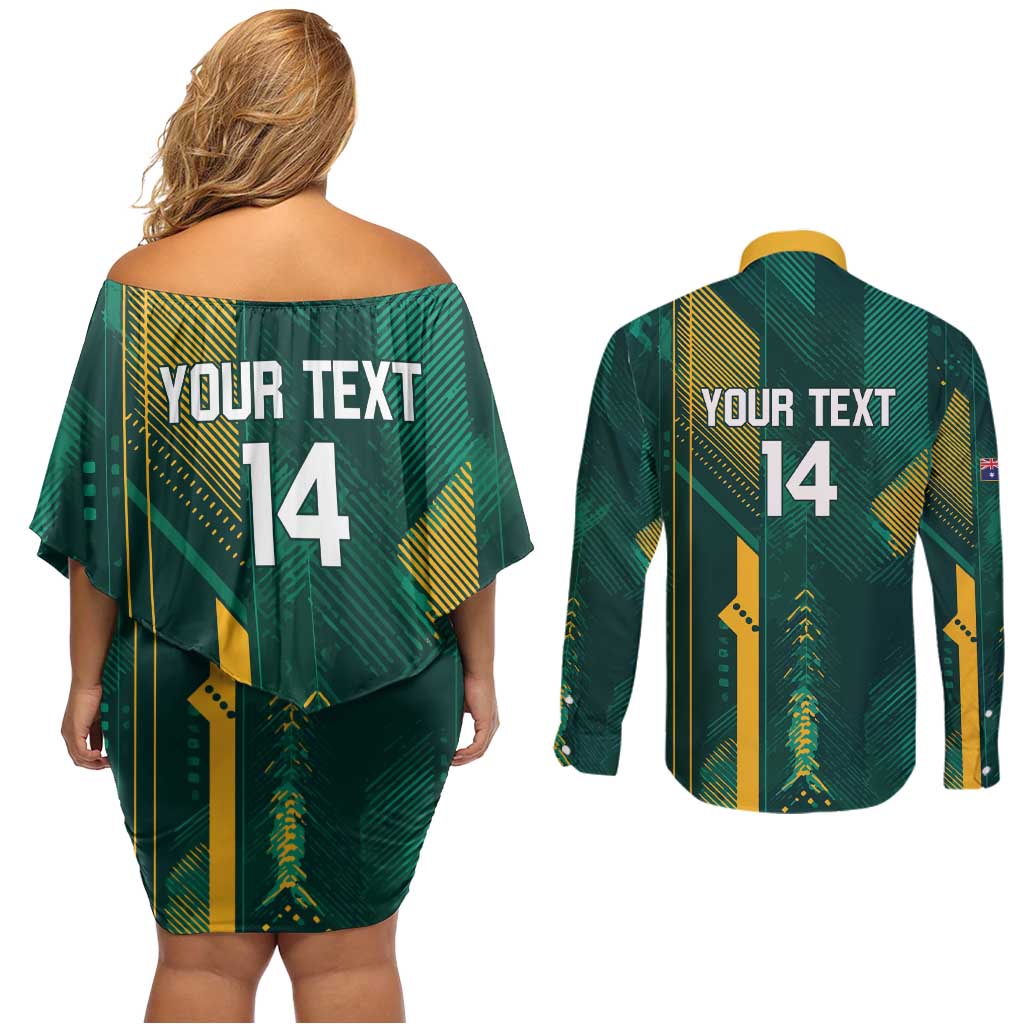 Australia Socceroos 2026 Custom Couples Matching Off Shoulder Short Dress and Long Sleeve Button Shirt Go Aussie Kangaroo National Color