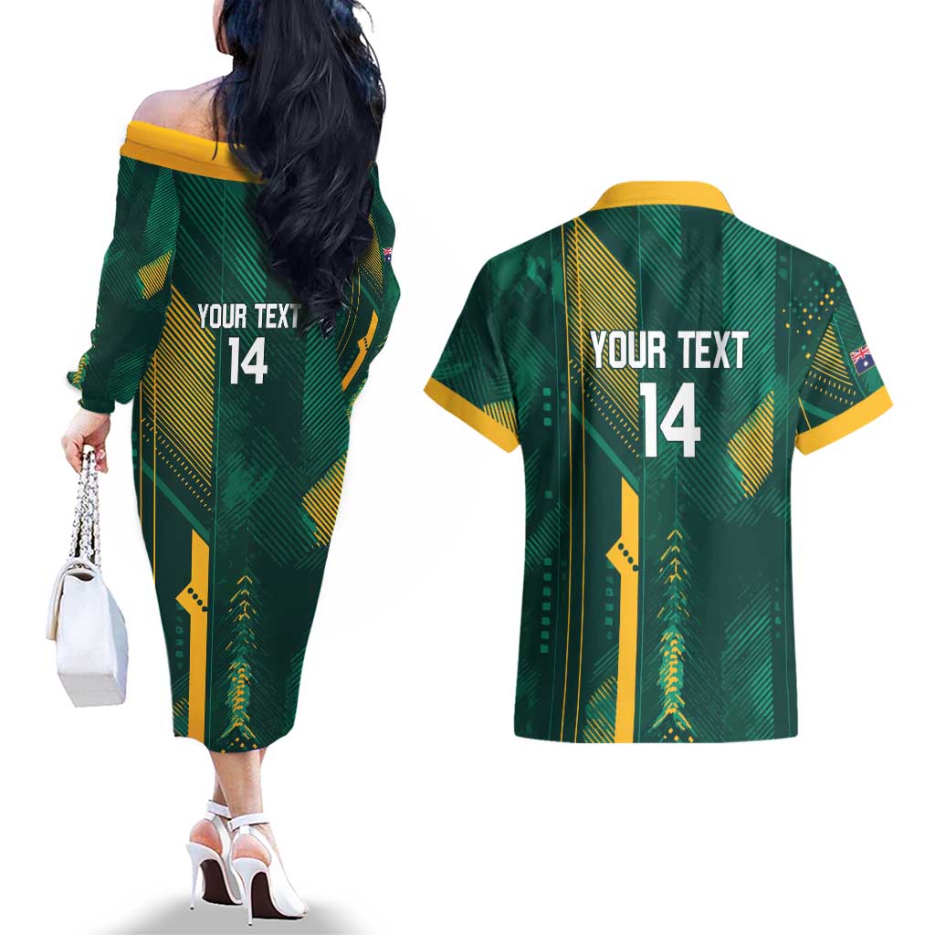 Australia Socceroos 2026 Custom Couples Matching Off The Shoulder Long Sleeve Dress and Hawaiian Shirt Go Aussie Kangaroo National Color