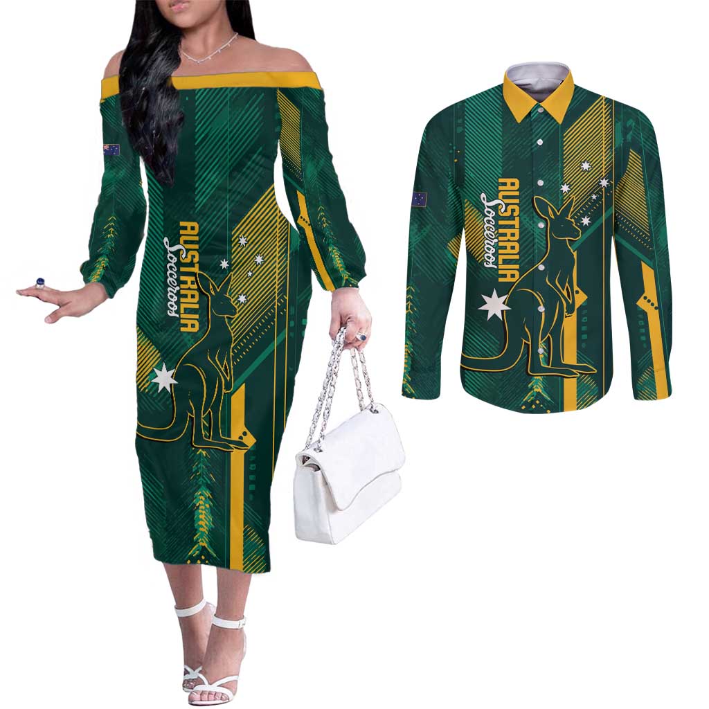 Australia Socceroos 2026 Custom Couples Matching Off The Shoulder Long Sleeve Dress and Long Sleeve Button Shirt Go Aussie Kangaroo National Color
