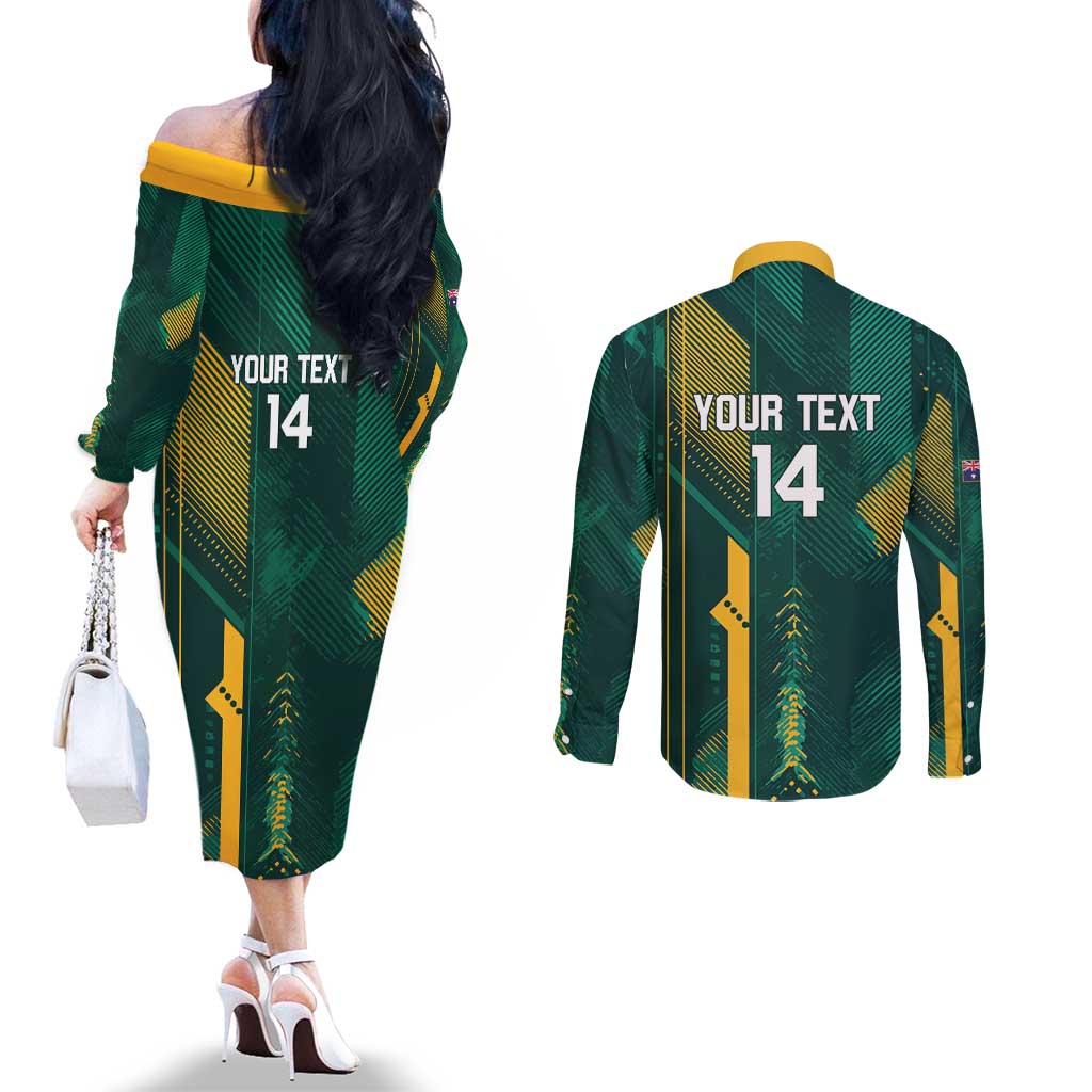 Australia Socceroos 2026 Custom Couples Matching Off The Shoulder Long Sleeve Dress and Long Sleeve Button Shirt Go Aussie Kangaroo National Color