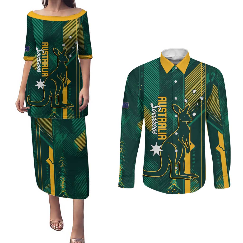 Australia Socceroos 2026 Custom Couples Matching Puletasi and Long Sleeve Button Shirt Go Aussie Kangaroo National Color
