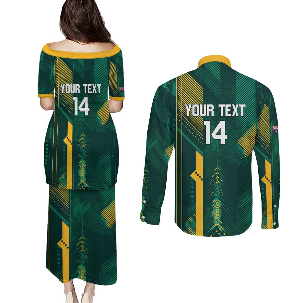 Australia Socceroos 2026 Custom Couples Matching Puletasi and Long Sleeve Button Shirt Go Aussie Kangaroo National Color