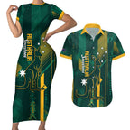 Australia Socceroos 2026 Custom Couples Matching Short Sleeve Bodycon Dress and Hawaiian Shirt Go Aussie Kangaroo National Color