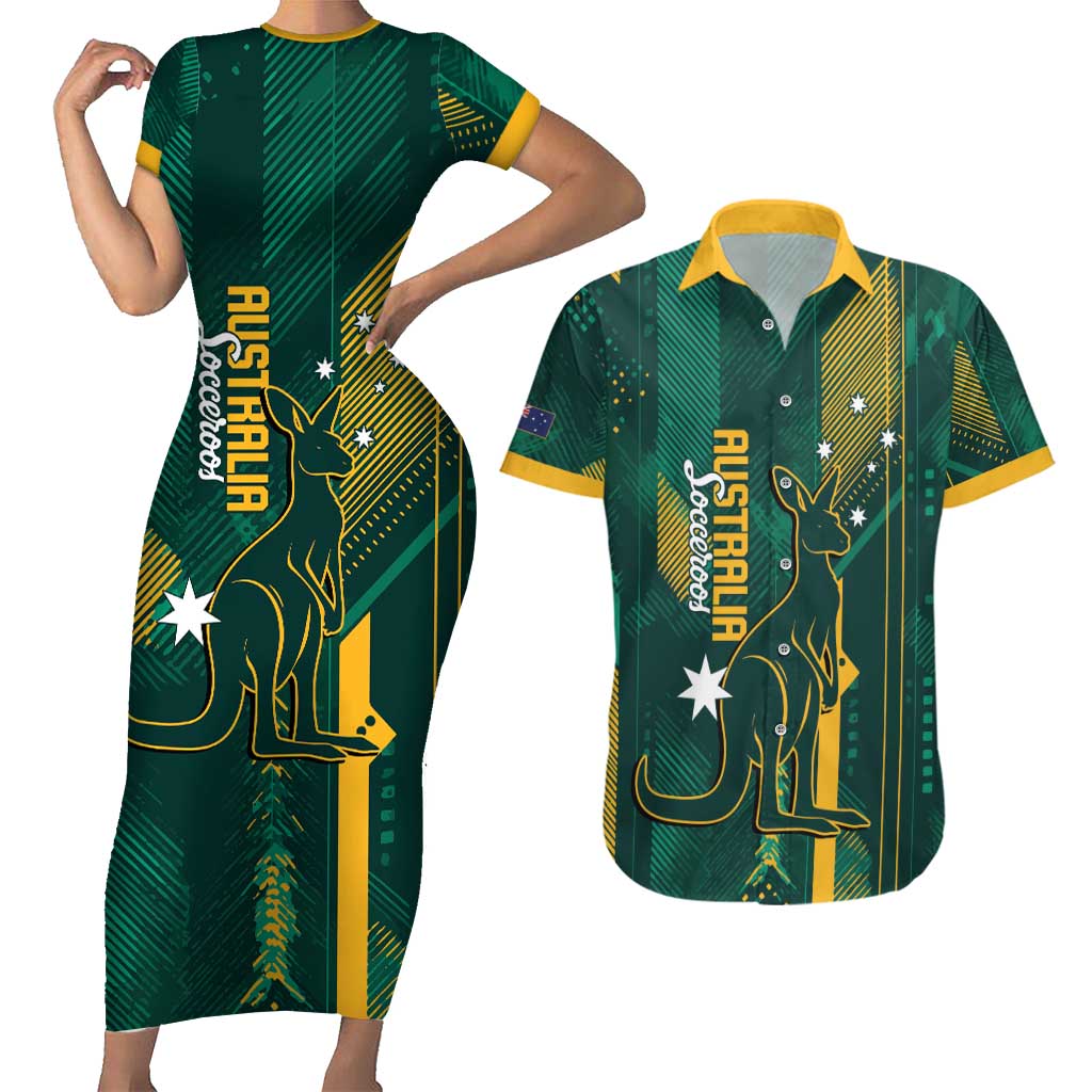 Australia Socceroos 2026 Custom Couples Matching Short Sleeve Bodycon Dress and Hawaiian Shirt Go Aussie Kangaroo National Color