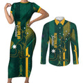 Australia Socceroos 2026 Custom Couples Matching Short Sleeve Bodycon Dress and Long Sleeve Button Shirt Go Aussie Kangaroo National Color