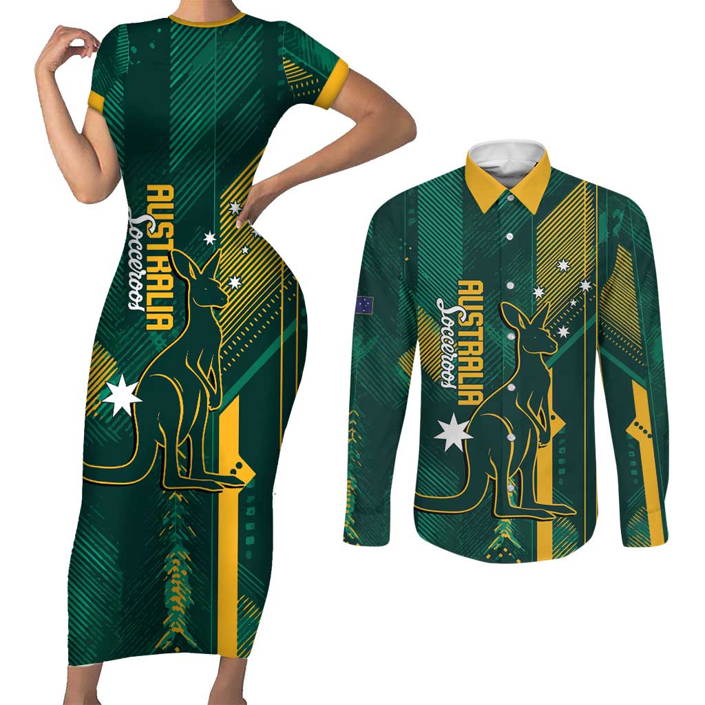 Australia Socceroos 2026 Custom Couples Matching Short Sleeve Bodycon Dress and Long Sleeve Button Shirt Go Aussie Kangaroo National Color