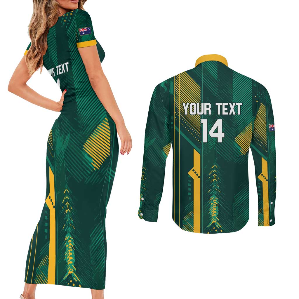 Australia Socceroos 2026 Custom Couples Matching Short Sleeve Bodycon Dress and Long Sleeve Button Shirt Go Aussie Kangaroo National Color