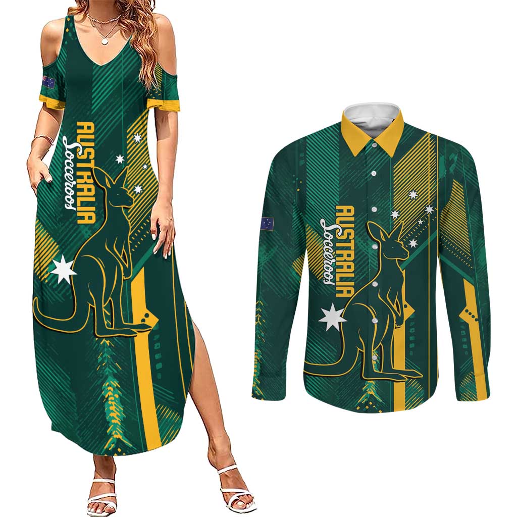 Australia Socceroos 2026 Custom Couples Matching Summer Maxi Dress and Long Sleeve Button Shirt Go Aussie Kangaroo National Color