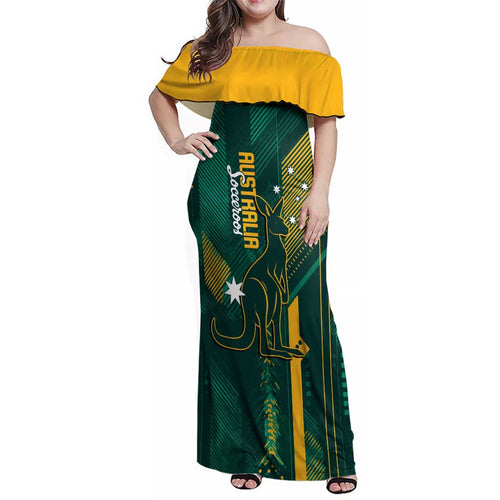 Australia Socceroos 2026 Custom Family Matching Off Shoulder Maxi Dress and Hawaiian Shirt Go Aussie Kangaroo National Color