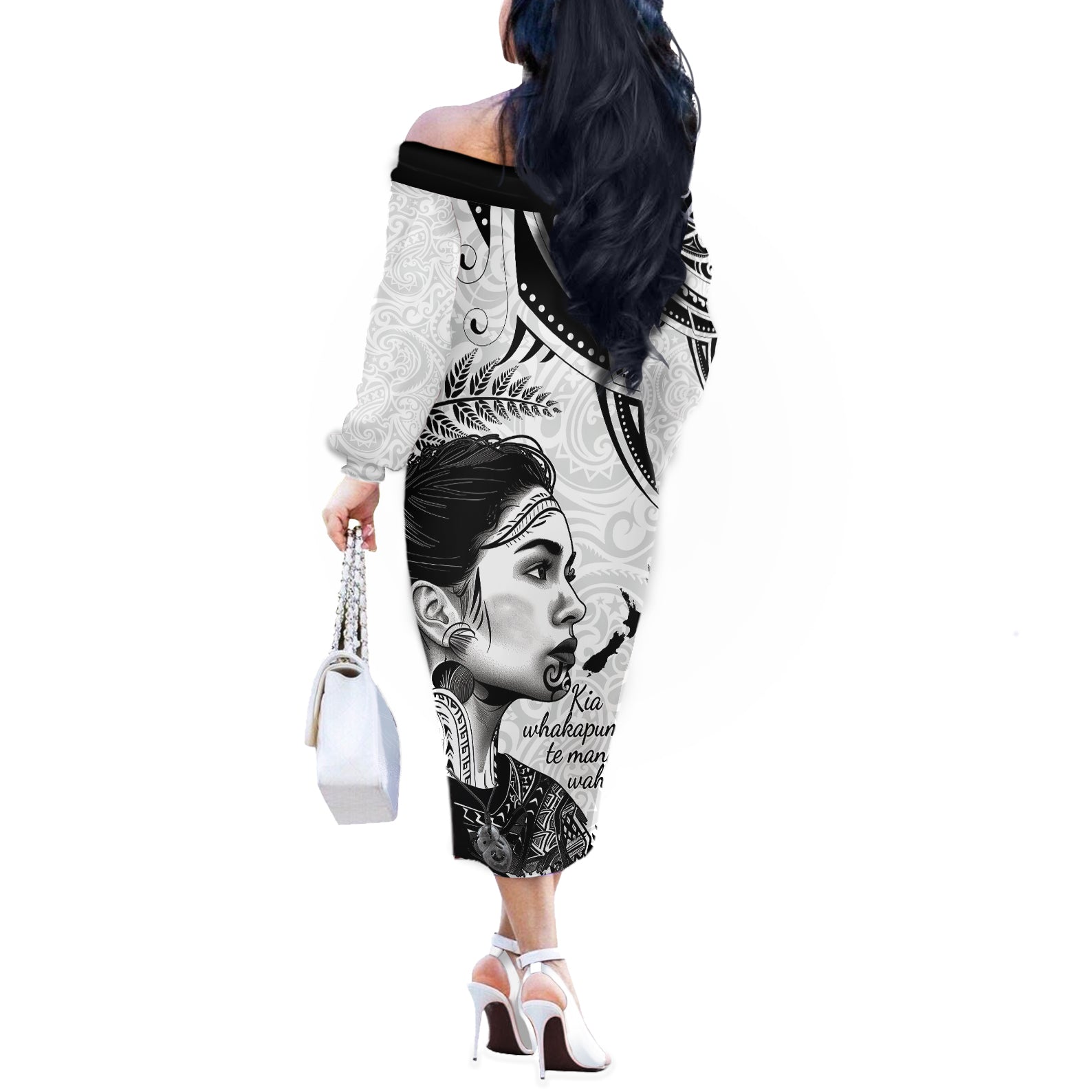 New Zealand Women's Day Off The Shoulder Long Sleeve Dress Aotearoa Kia Whakapumau Te Mana Wahine