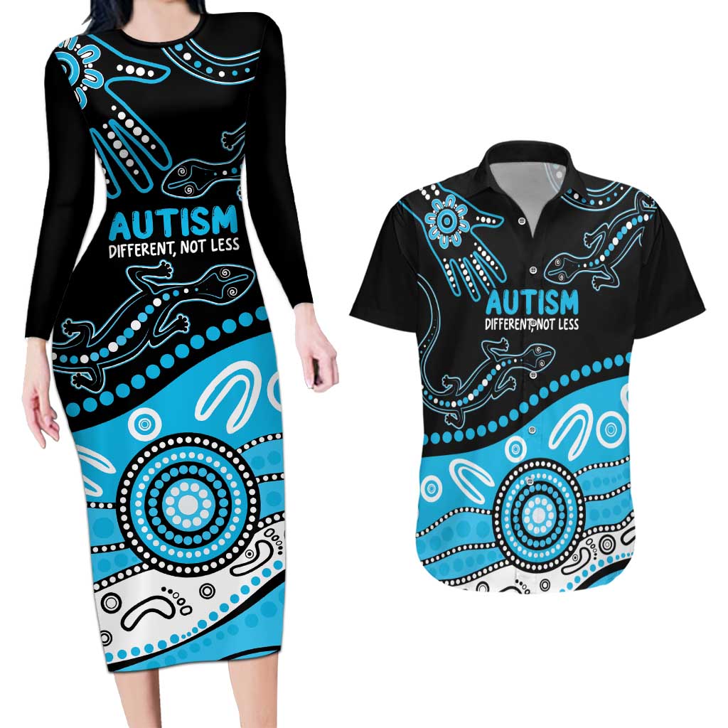 Different Not Less Autism Awareness Australia Personalised Couples Matching Long Sleeve Bodycon Dress and Hawaiian Shirt Aussie Aboriginal Lizards
